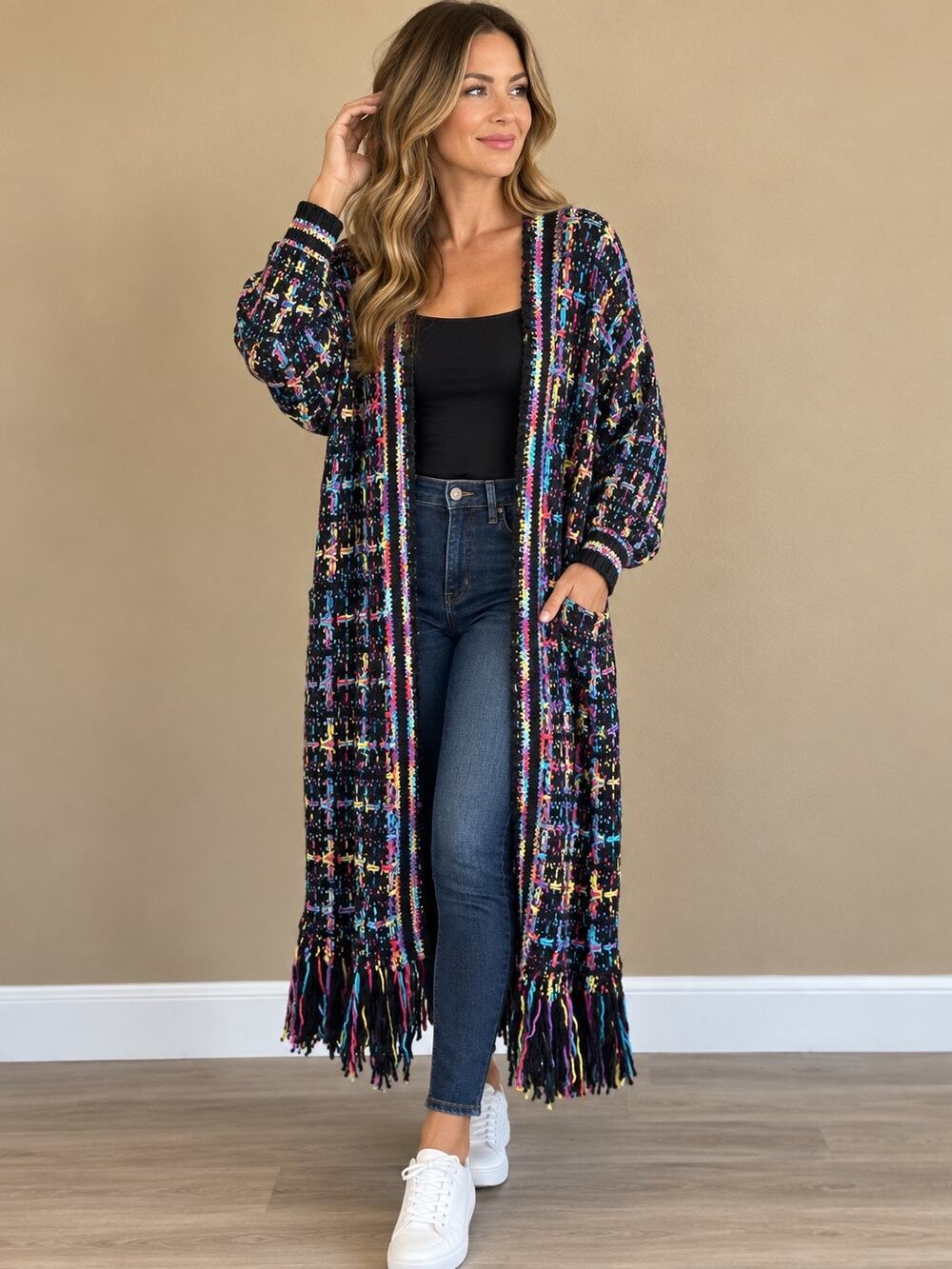 Multicolor Fringe Knit Duster Cardigan